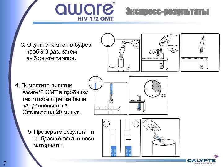 Экспресс-результаты 3. Окуните тампон в буфер проб 6 -8 раз, затем выбросьте тампон. 4.