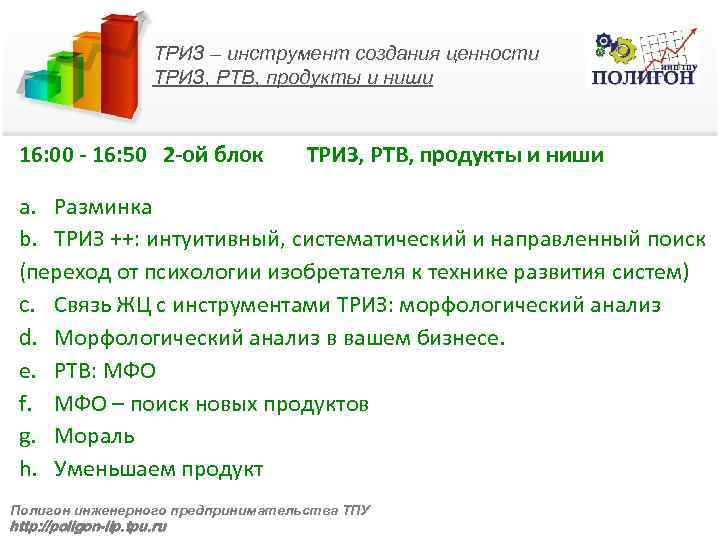 ТРИЗ – инструмент создания ценности ТРИЗ, РТВ, продукты и ниши 16: 00 - 16: