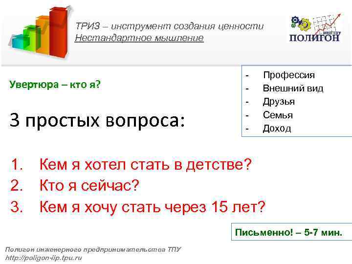 ТРИЗ – инструмент создания ценности Нестандартное мышление Увертюра – кто я? 3 простых вопроса: