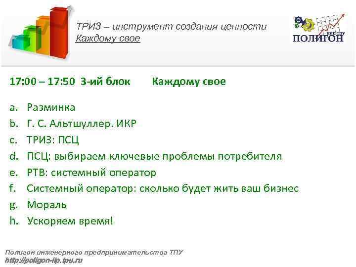 ТРИЗ – инструмент создания ценности Каждому свое 17: 00 – 17: 50 3 -ий