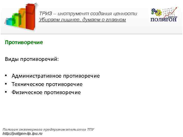 ТРИЗ – инструмент создания ценности Убираем лишнее, думаем о главном Противоречие Виды противоречий: •