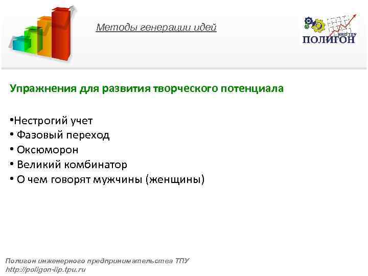 Методы генерации идей Упражнения для развития творческого потенциала • Нестрогий учет • Фазовый переход