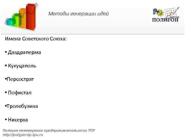 Методы генерации идей Имена Советского Союза: • Даздраперма • Кукуцаполь • Персострат • Пофистал