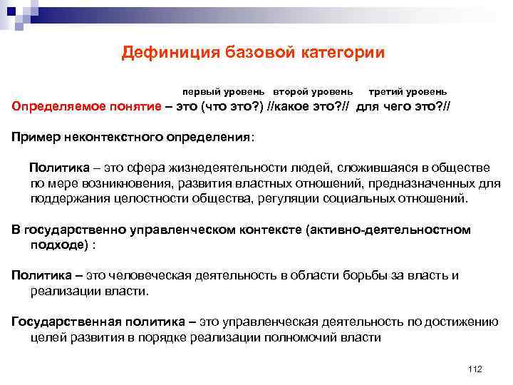 Дефиниция базовой категории первый уровень второй уровень третий уровень Определяемое понятие – это (что