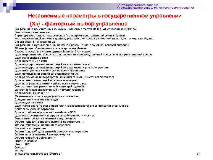 Центр проблемного анализа и государственно-управленческого проектирования Независимые параметры в государственном управлении {xn} - факторный