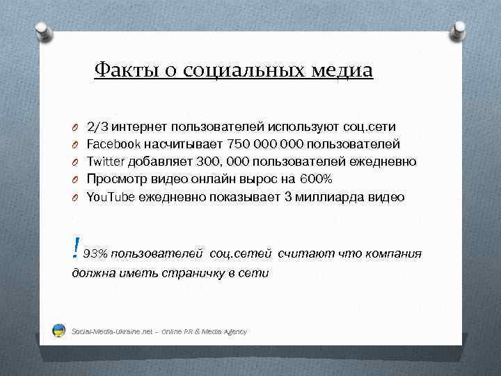 Факты о социальных медиа O 2/3 интернет пользователей используют соц. сети O Facebook насчитывает