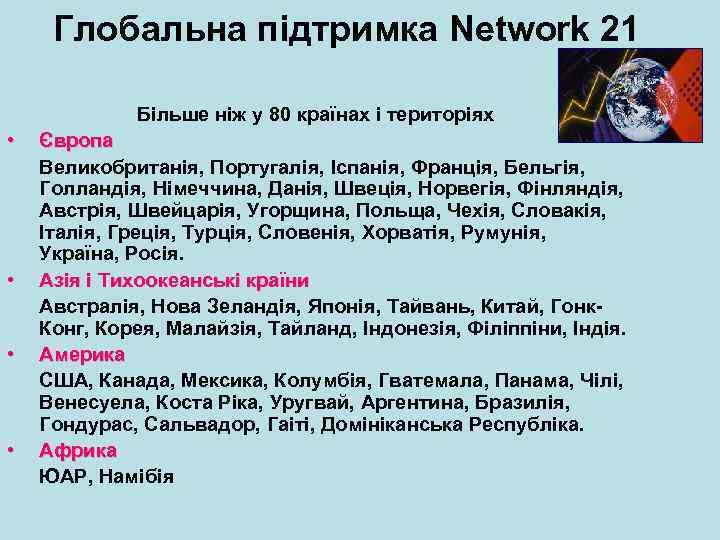 Глобальна підтримка Network 21 Більше ніж у 80 країнах і територіях • • Європа