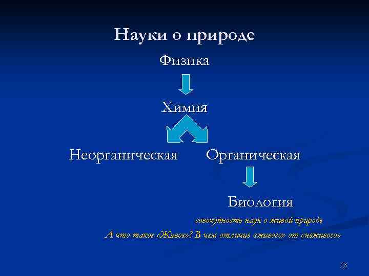 Науки о природе Физика Химия Неорганическая Органическая Биология совокупность наук о живой природе А