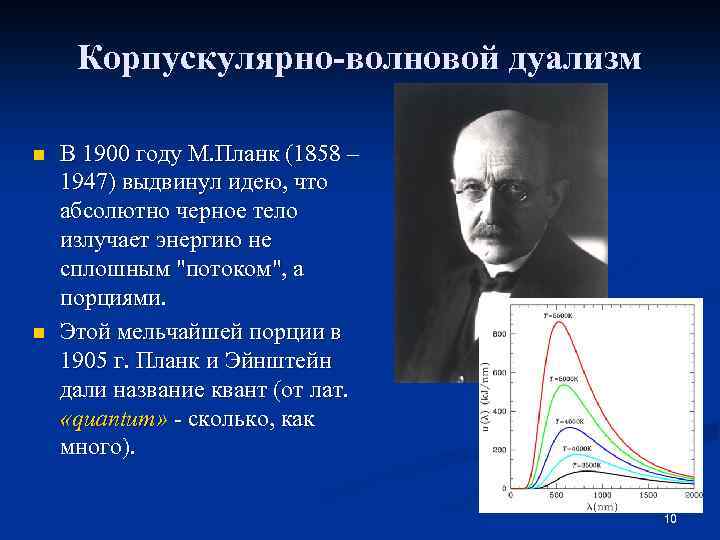 Корпускулярно-волновой дуализм n n В 1900 году М. Планк (1858 – 1947) выдвинул идею,