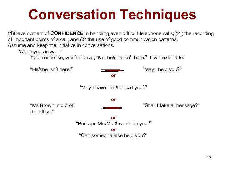 Conversation Techniques (1)Development of CONFIDENCE in handling even difficult telephone calls; (2 ) the