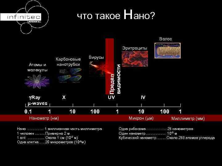 что такое нано? Волос Эритроциты Атомы и молекулы Ray -waves 0. 1 Вирусы Предел