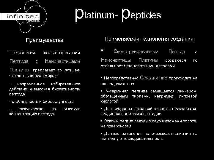 platinum- peptides Преимущества: Применяемая технология создания: технология коньюгирования пептида с наночастицами платины предлагает то