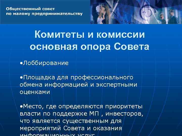 Комитеты и комиссии основная опора Совета • Лоббирование • Площадка для профессионального обмена информацией