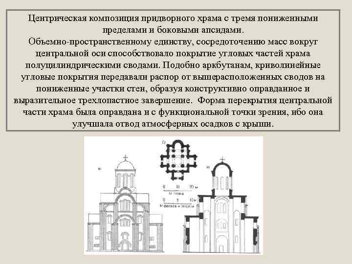 Центрическая композиция придворного храма с тремя пониженными пределами и боковыми апсидами. Объемно-пространственному единству, сосредоточению