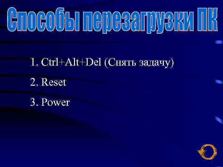 1. Ctrl+Alt+Del (Снять задачу) 2. Reset 3. Power 