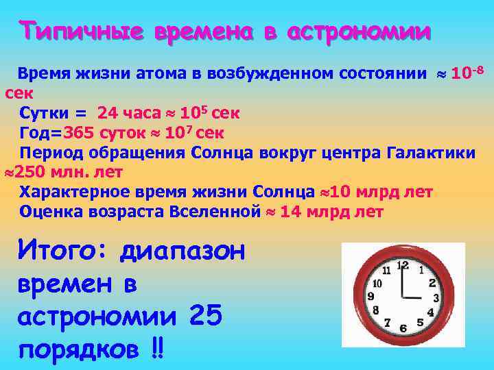 Типичные времена в астрономии Время жизни атома в возбужденном состоянии 10 -8 сек Сутки