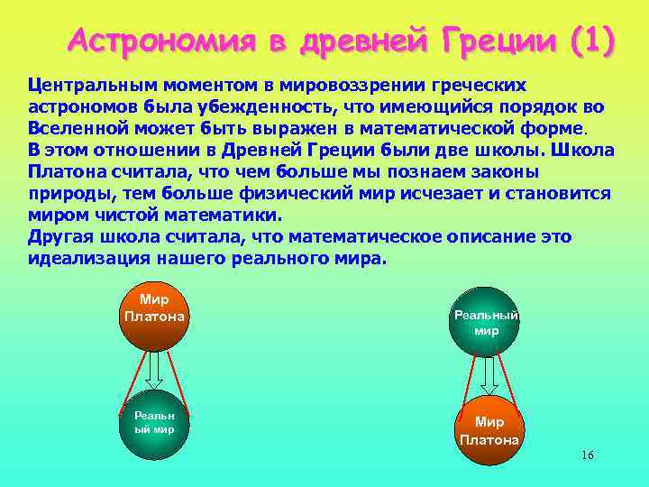 Астрономия в древней Греции (1) Центральным моментом в мировоззрении греческих астрономов была убежденность, что