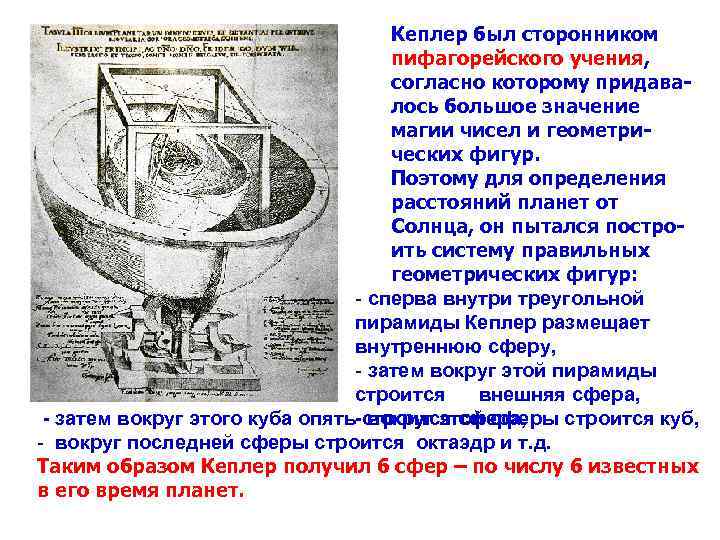 Кеплер был сторонником пифагорейского учения, согласно которому придавалось большое значение магии чисел и геометрических