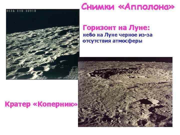 Снимки «Апполона» Горизонт на Луне: небо на Луне черное из-за отсутствия атмосферы Кратер «Коперник»
