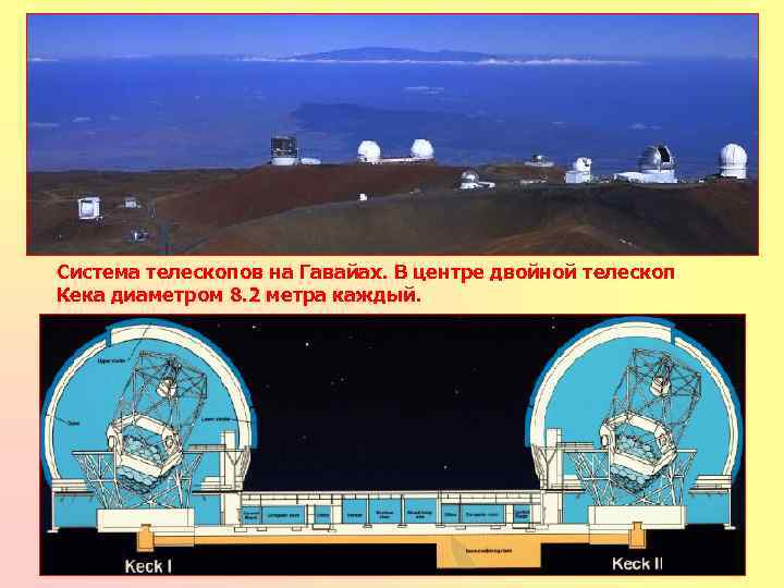 Система телескопов на Гавайах. В центре двойной телескоп Кека диаметром 8. 2 метра каждый.