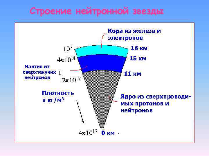 Строение нейтронной звезды Кора из железа и электронов 16 км 15 км Мантия из