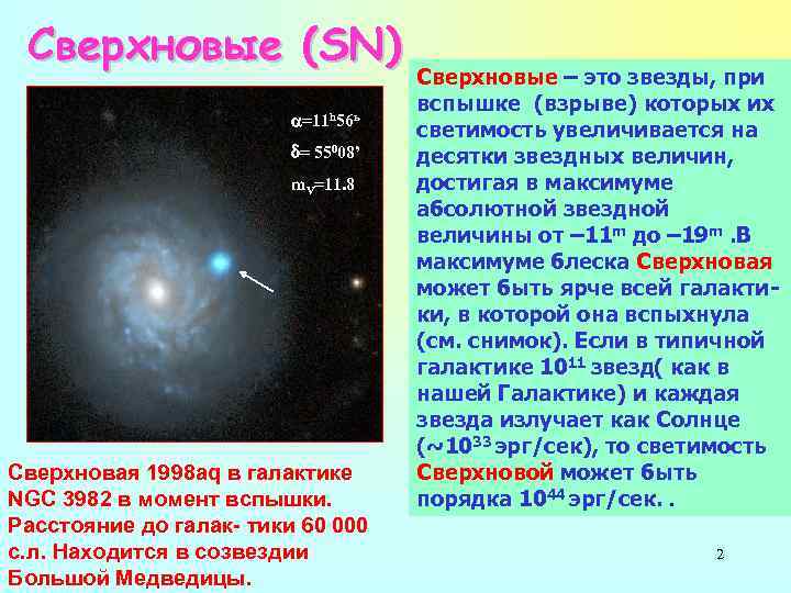 Сверхновые (SN) =11 h 56 ь = 55008’ m. V=11. 8 Сверхновая 1998 aq