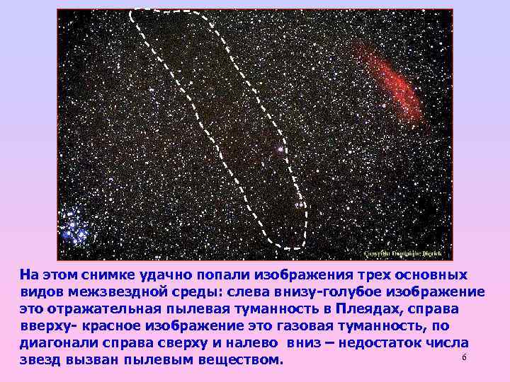 На этом снимке удачно попали изображения трех основных видов межзвездной среды: слева внизу-голубое изображение