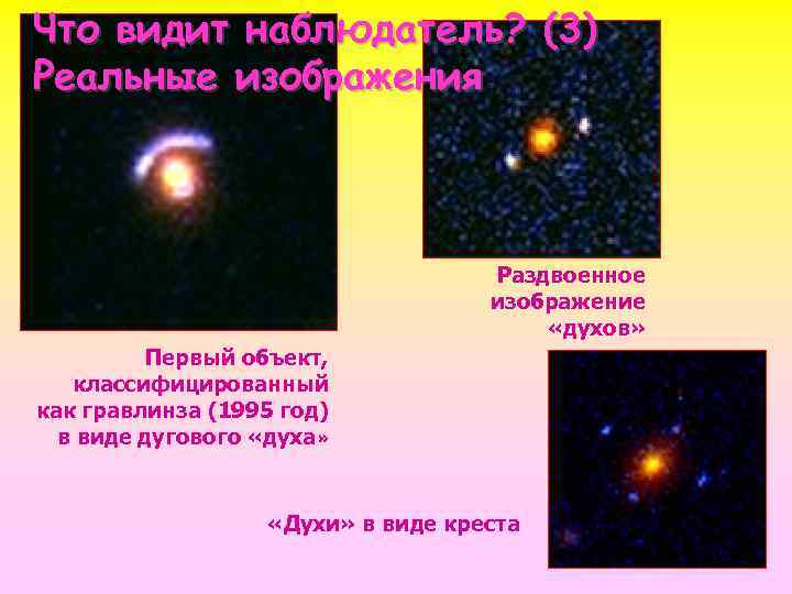Что видит наблюдатель? (3) Реальные изображения Раздвоенное изображение «духов» Первый объект, классифицированный как гравлинза