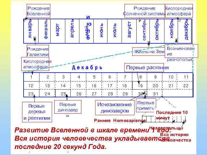 Рождение Галактики Кислородная атмосфера Первые деревья и рептилии декабрь ноябрь октябрь сентябрь август июль
