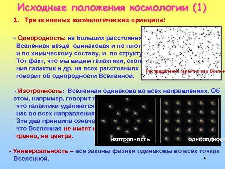 Исходные положения космологии (1) 1. Три основных космологических принципа: - Однородность: на больших расстояниях