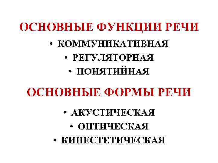 ОСНОВНЫЕ ФУНКЦИИ РЕЧИ • КОММУНИКАТИВНАЯ • РЕГУЛЯТОРНАЯ • ПОНЯТИЙНАЯ ОСНОВНЫЕ ФОРМЫ РЕЧИ • АКУСТИЧЕСКАЯ