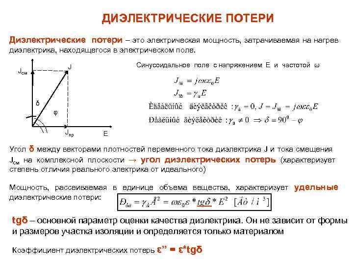 ДИЭЛЕКТРИЧЕСКИЕ ПОТЕРИ Диэлектрические потери – это электрическая мощность, затрачиваемая на нагрев диэлектрика, находящегося в