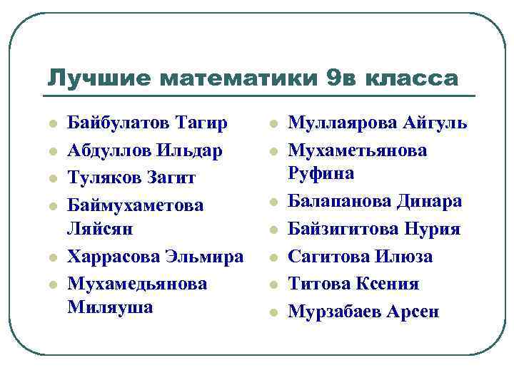 Лучшие математики 9 в класса l l l Байбулатов Тагир Абдуллов Ильдар Туляков Загит