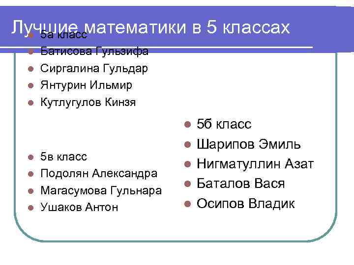Лучшие математики в 5 классах l 5 а класс Батисова Гульзифа l Сиргалина Гульдар