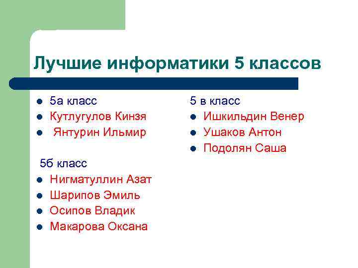 Лучшие информатики 5 классов l l l 5 а класс Кутлугулов Кинзя Янтурин Ильмир