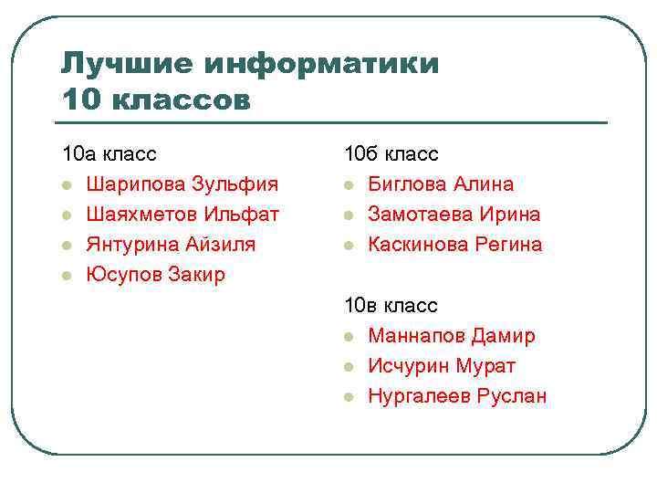 Лучшие информатики 10 классов 10 а класс l Шарипова Зульфия l Шаяхметов Ильфат l