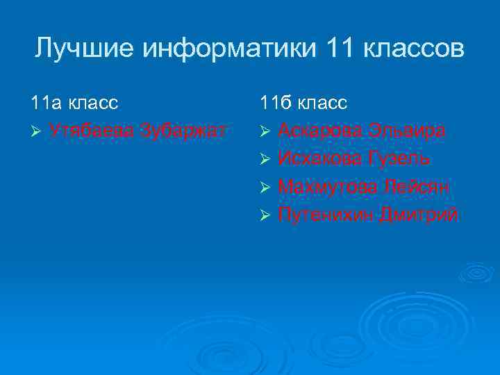 Лучшие информатики 11 классов 11 а класс Ø Утябаева Зубаржат 11 б класс Ø