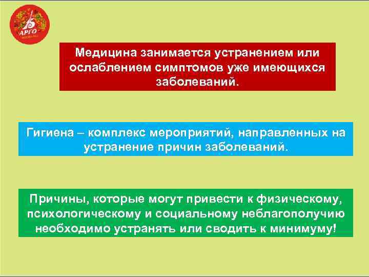 Медицина занимается устранением или ослаблением симптомов уже имеющихся заболеваний. Гигиена – комплекс мероприятий, направленных