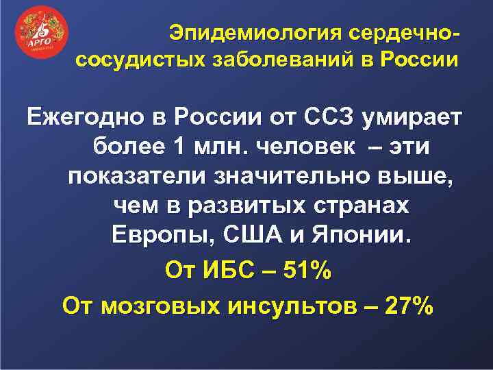 Эпидемиология сердечнососудистых заболеваний в России Ежегодно в России от ССЗ умирает более 1 млн.