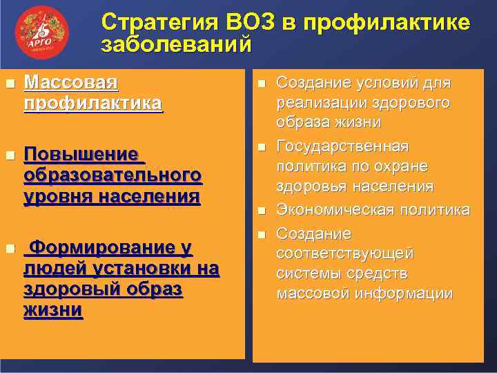 Стратегия ВОЗ в профилактике заболеваний n n n Массовая профилактика n Повышение образовательного уровня