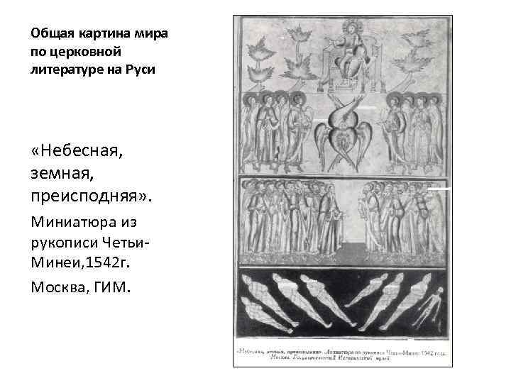 Общая картина мира по церковной литературе на Руси «Небесная, земная, преисподняя» . Миниатюра из