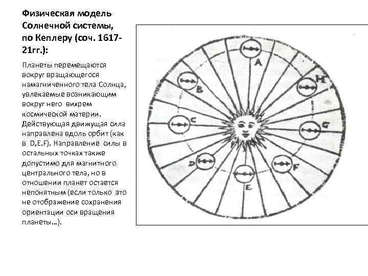 Физическая модель Солнечной системы, по Кеплеру (соч. 161721 гг. ): Планеты перемещаются вокруг вращающегося