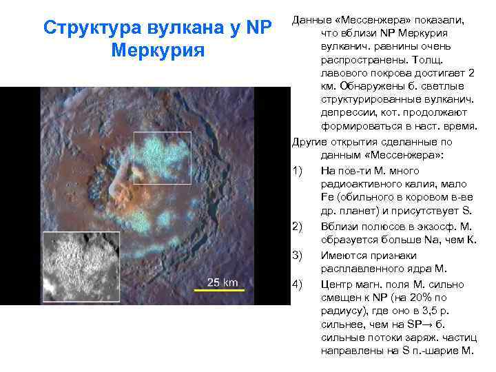 Структура вулкана у NP Меркурия Данные «Мессенжера» показали, что вблизи NP Меркурия вулканич. равнины