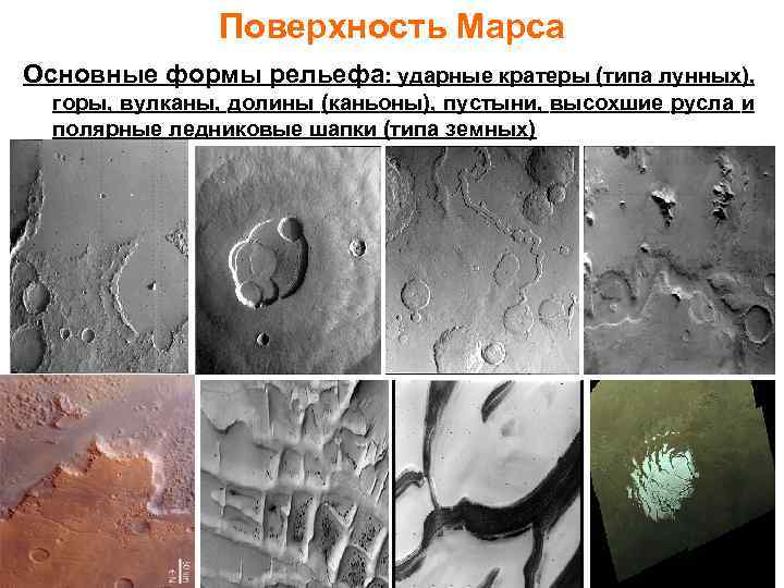 Поверхность Марса Основные формы рельефа: ударные кратеры (типа лунных), горы, вулканы, долины (каньоны), пустыни,