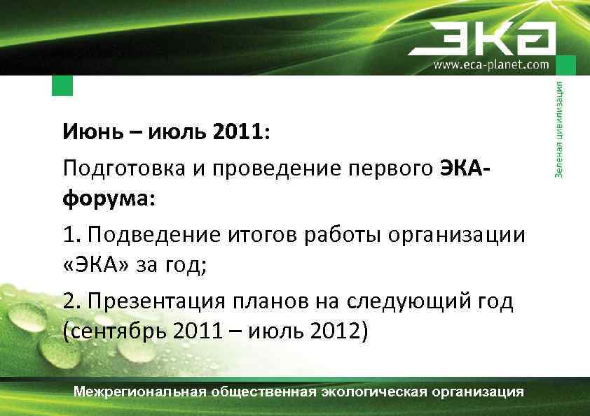 Июнь – июль 2011: Подготовка и проведение первого ЭКАфорума: 1. Подведение итогов работы организации