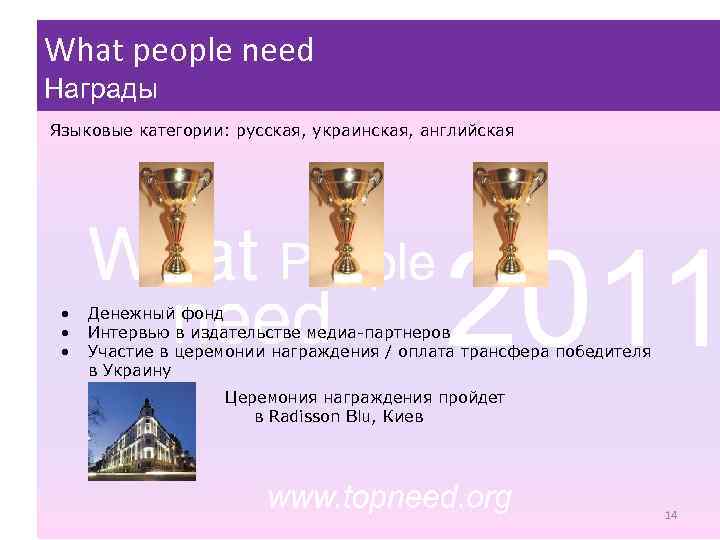 What people need Награды Языковые категории: русская, украинская, английская • • • Денежный фонд