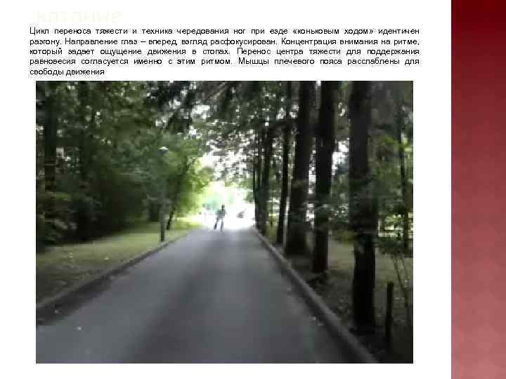 катание Цикл переноса тяжести и техника чередования ног при езде «коньковым ходом» идентичен разгону.