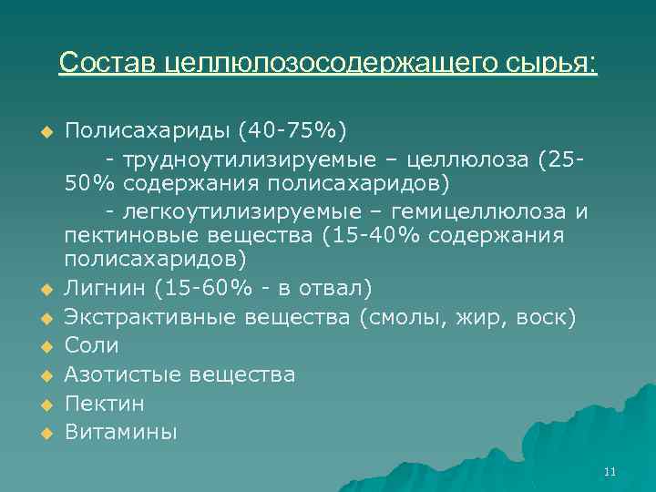 Состав целлюлозосодержащего сырья: u u u u Полисахариды (40 -75%) - трудноутилизируемые – целлюлоза