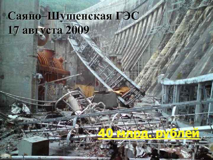 Саяно–Шушенская ГЭС 17 августа 2009 40 млрд. рублей 15 