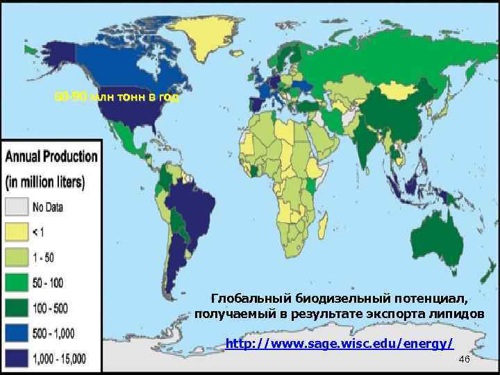60 -90 млн тонн в год Глобальный биодизельный потенциал, получаемый в результате экспорта липидов
